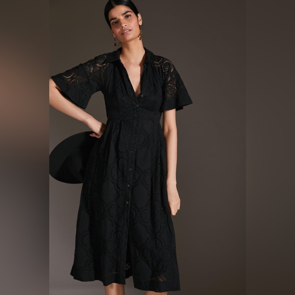 NWT Anthropologie Maeve Black Eyelet Midi Dress - Size 4